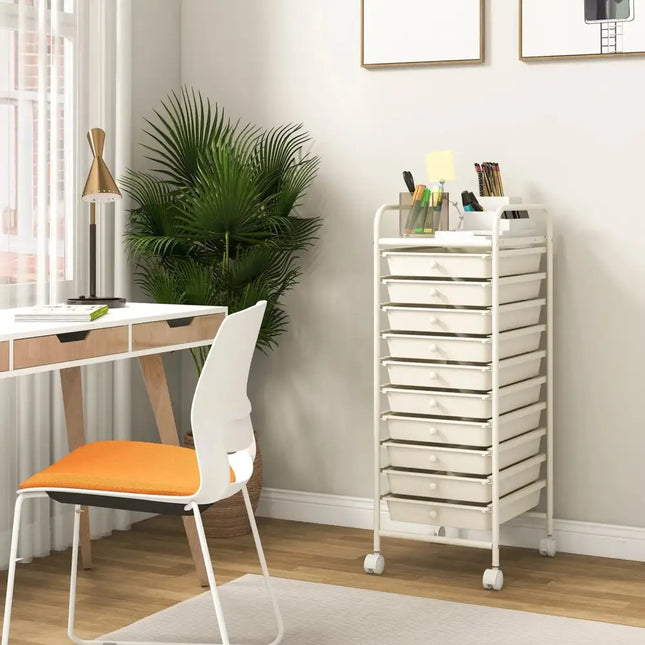 10 Drawer Rolling Storage Cart Organizer with 4 Universal Casters-White Costway