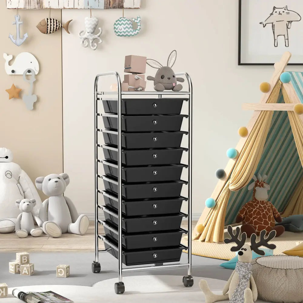 10 Drawer Rolling Storage Cart Organizer with 4 Universal Casters-Black - Black - File Cabinets