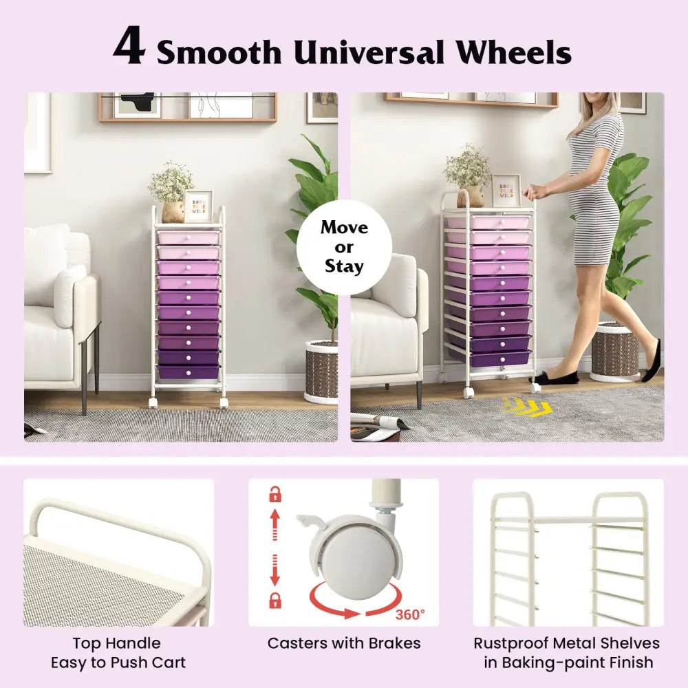 10 Drawer Rolling Storage Cart Organizer with 4 Universal Casters-Purple - Purple - File Cabinets