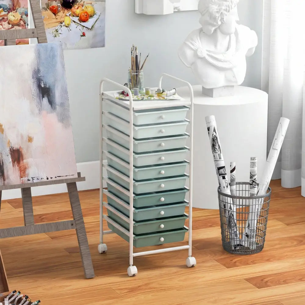 10 Drawer Rolling Storage Cart Organizer with 4 Universal Casters-Green - Green - File Cabinets