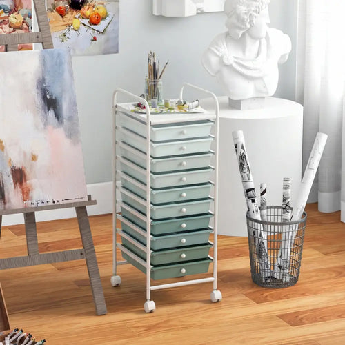 10 Drawer Rolling Storage Cart Organizer with 4 Universal Casters-Green - Green - File Cabinets