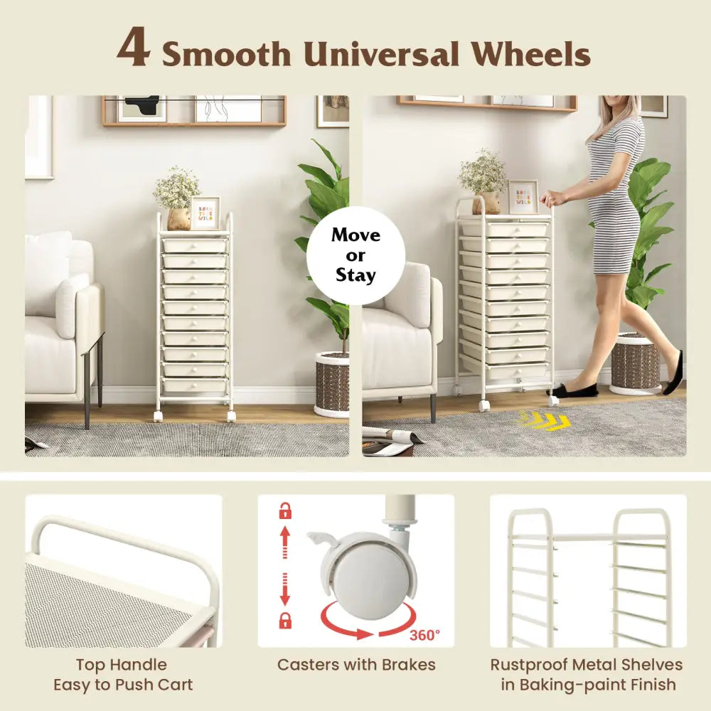 10 Drawer Rolling Storage Cart Organizer with 4 Universal Casters-White - White - File Cabinets