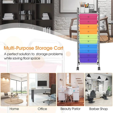 10 Drawer Rolling Storage Cart Organizer with 4 Universal Casters-Transparent Multicolor Costway
