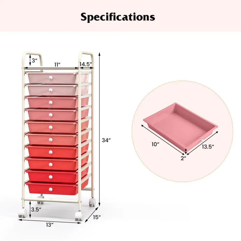 10 Drawer Rolling Storage Cart Organizer with 4 Universal Casters-Gradient Pink - Gradient Pink - File Cabinets