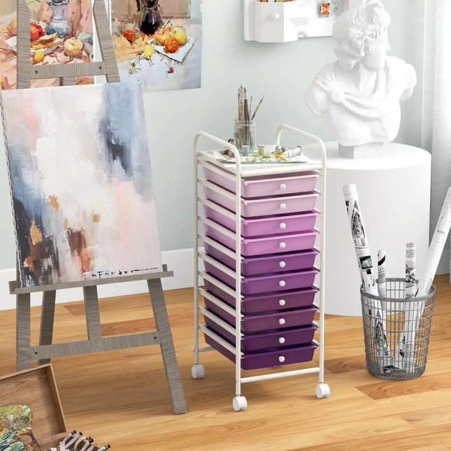10 Drawer Rolling Storage Cart Organizer with 4 Universal Casters-Purple Costway
