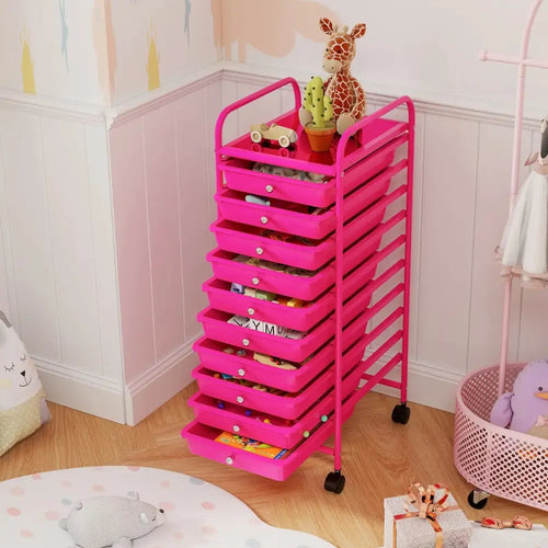 10 Drawer Rolling Storage Cart Organizer with 4 Universal Casters-Pink Costway