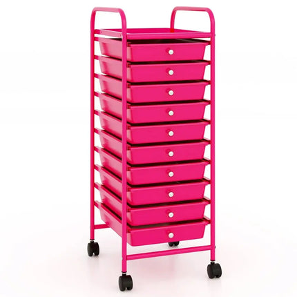 10 Drawer Rolling Storage Cart Organizer with 4 Universal Casters-Pink Costway