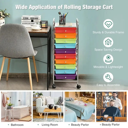 10 Drawer Rolling Storage Cart Organizer with 4 Universal Casters-Multicolor Costway