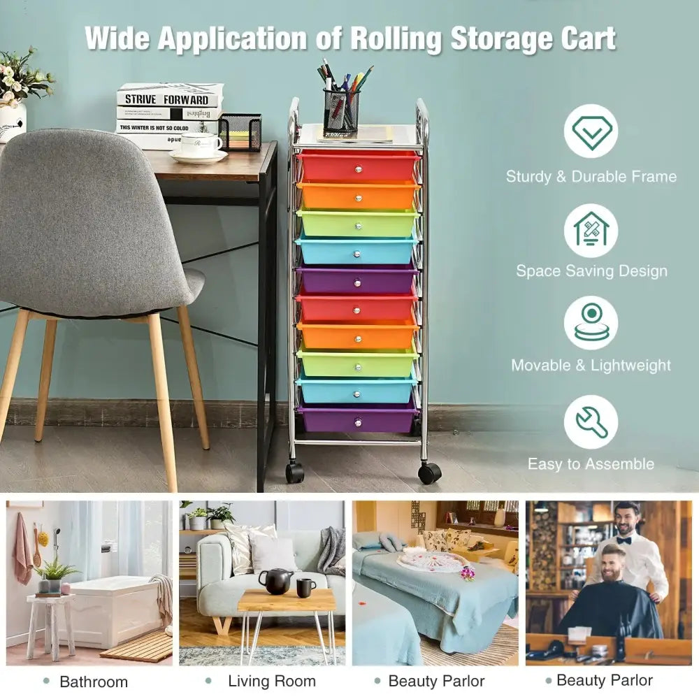 10 Drawer Rolling Storage Cart Organizer with 4 Universal Casters-Multicolor Costway