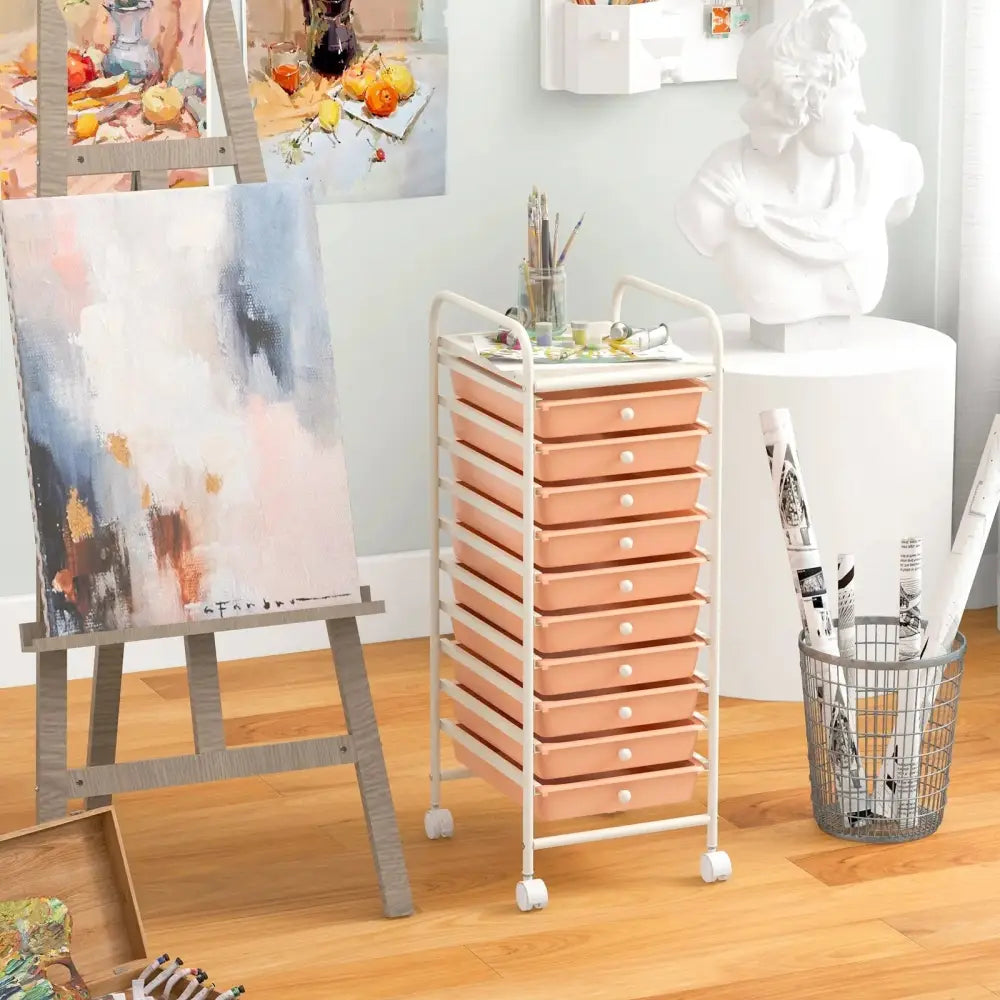 10 Drawer Rolling Storage Cart Organizer with 4 Universal Casters-Cherry Costway