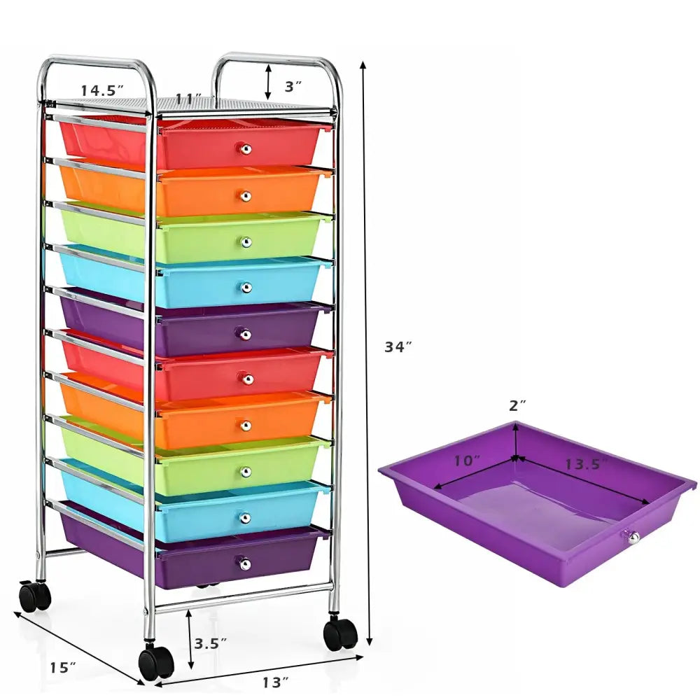 10 Drawer Rolling Storage Cart Organizer with 4 Universal Casters-Multicolor Costway