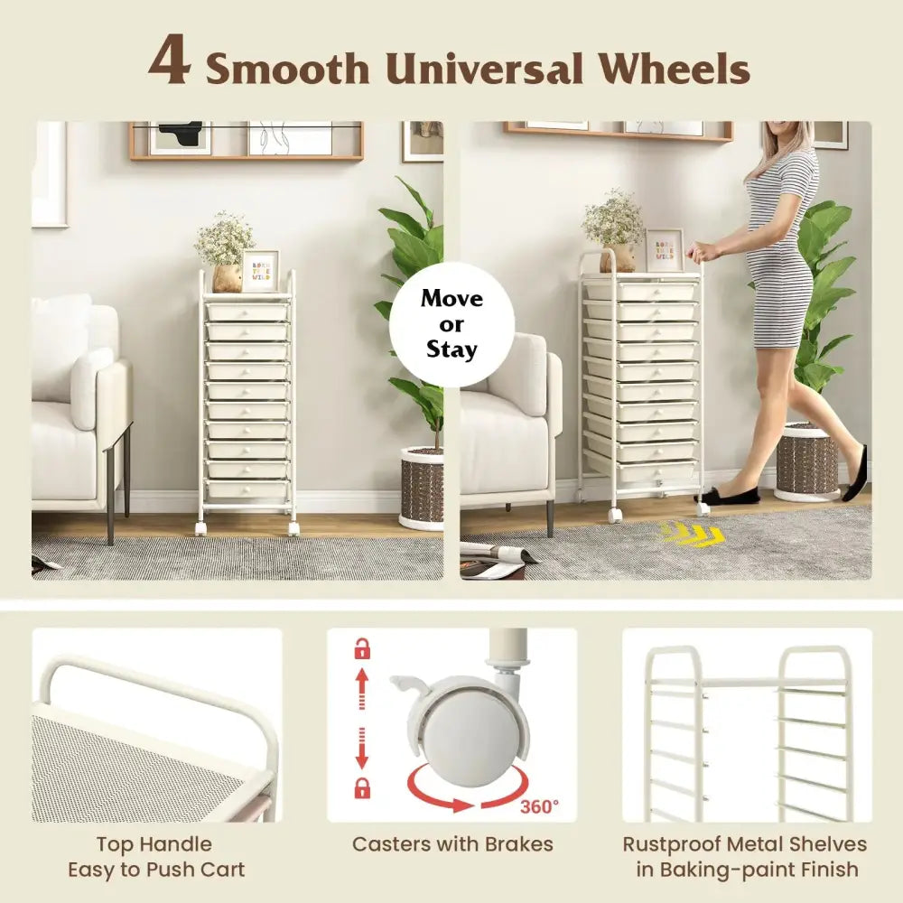 10 Drawer Rolling Storage Cart Organizer with 4 Universal Casters-White Costway