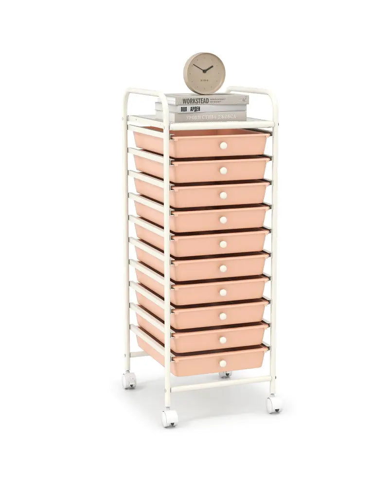10 Drawer Rolling Storage Cart Organizer with 4 Universal Casters-Cherry - Cherry - File Cabinets