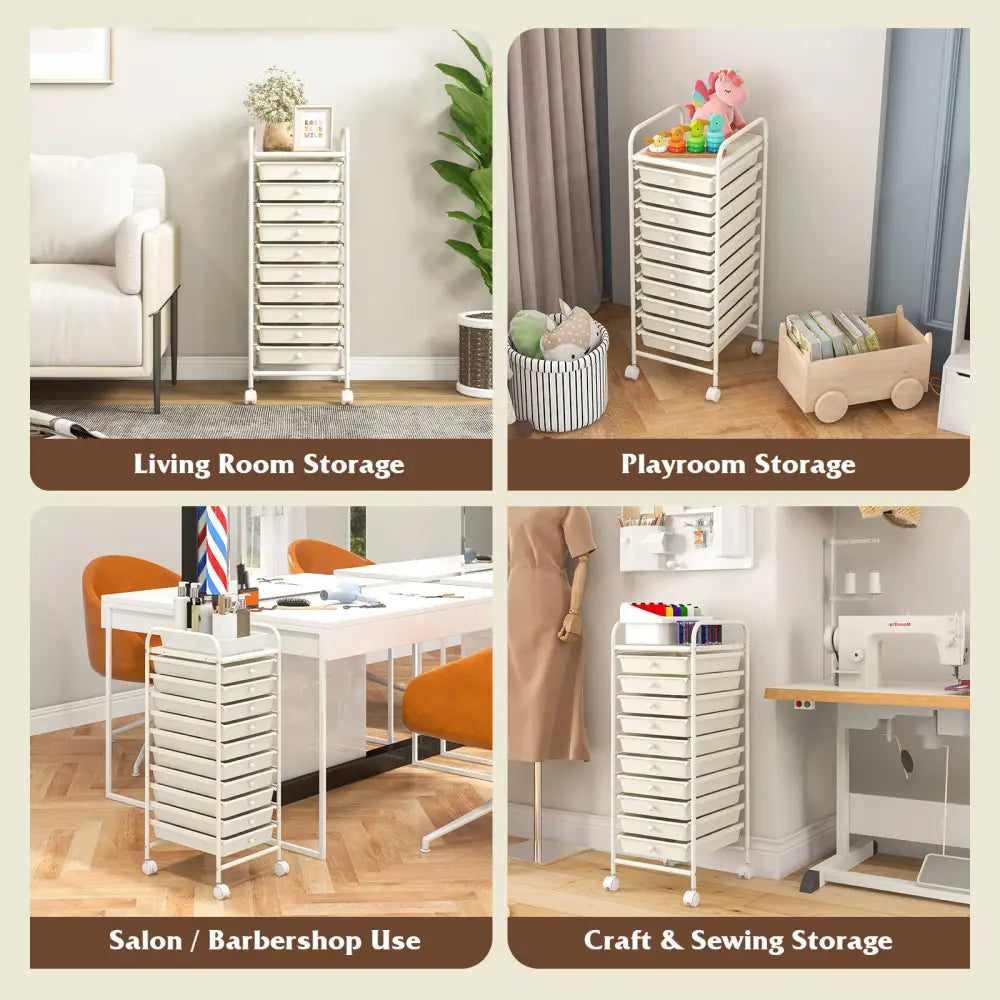 10 Drawer Rolling Storage Cart Organizer with 4 Universal Casters-White - White - File Cabinets