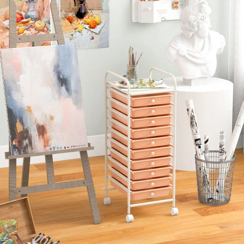 10 Drawer Rolling Storage Cart Organizer with 4 Universal Casters-Cherry - Cherry - File Cabinets