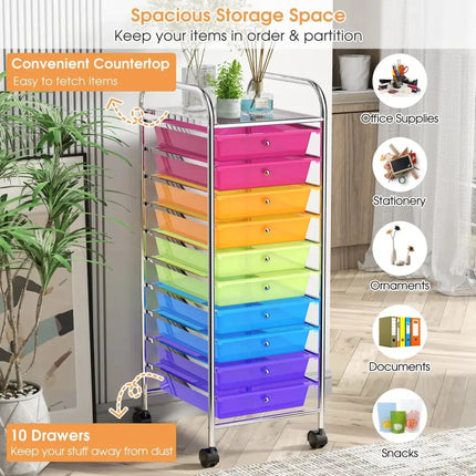 10 Drawer Rolling Storage Cart Organizer with 4 Universal Casters-Transparent Multicolor Costway
