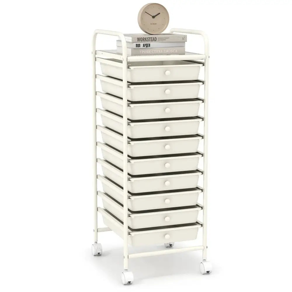 10 Drawer Rolling Storage Cart Organizer with 4 Universal Casters-White Costway
