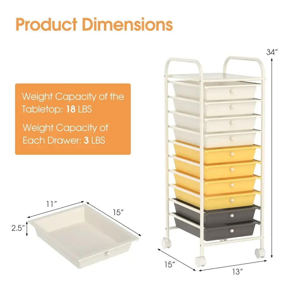 10 Drawer Rolling Storage Cart Organizer with 4 Universal Casters-Yellow Costway