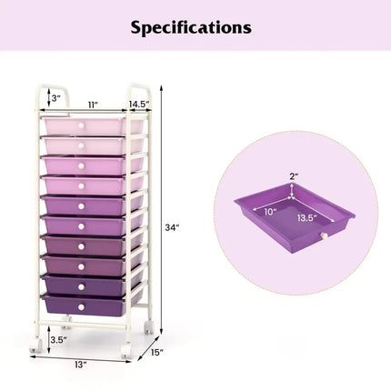 10 Drawer Rolling Storage Cart Organizer with 4 Universal Casters-Purple Costway
