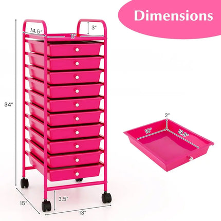 10 Drawer Rolling Storage Cart Organizer with 4 Universal Casters-Pink Costway