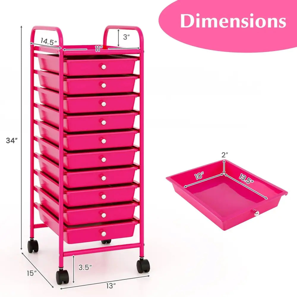10 Drawer Rolling Storage Cart Organizer with 4 Universal Casters-Pink Costway