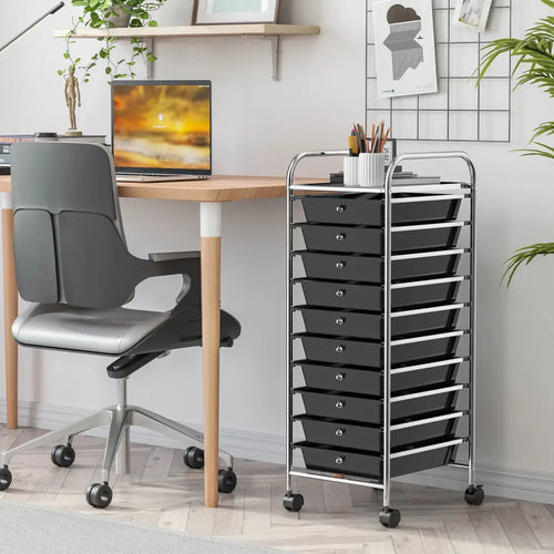 10 Drawer Rolling Storage Cart Organizer with 4 Universal Casters-Black - Black - File Cabinets