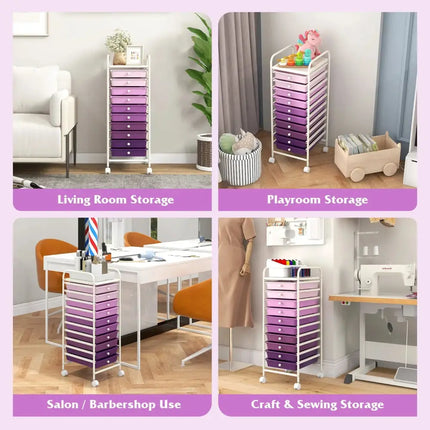 10 Drawer Rolling Storage Cart Organizer with 4 Universal Casters-Purple Costway
