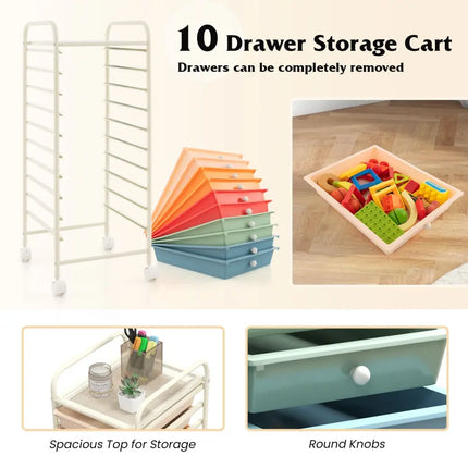 10 Drawer Rolling Storage Cart Organizer with 4 Universal Casters-Macaron Multicolor - Macaron Multicolor - File