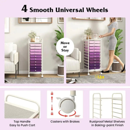 10 Drawer Rolling Storage Cart Organizer with 4 Universal Casters-Purple Costway