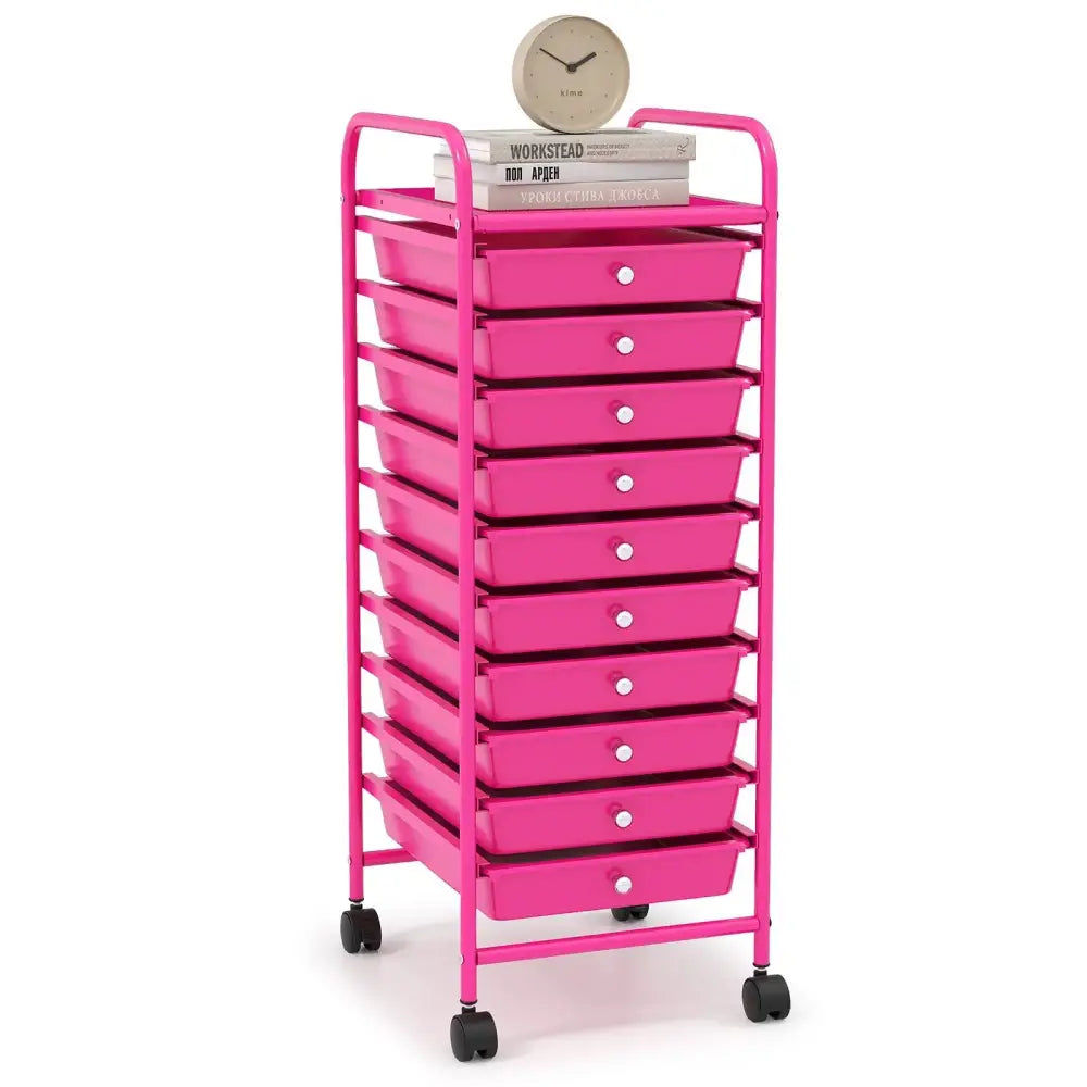 10 Drawer Rolling Storage Cart Organizer with 4 Universal Casters-Pink Costway