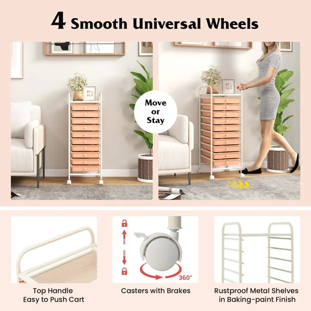 10 Drawer Rolling Storage Cart Organizer with 4 Universal Casters-Cherry - Cherry - File Cabinets