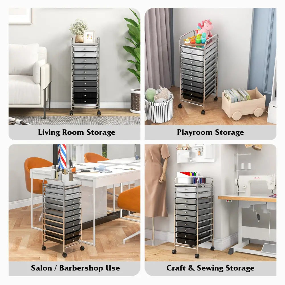 10 Drawer Rolling Storage Cart Organizer with 4 Universal Casters-Gradient Gray - Gradient Gray - File Cabinets