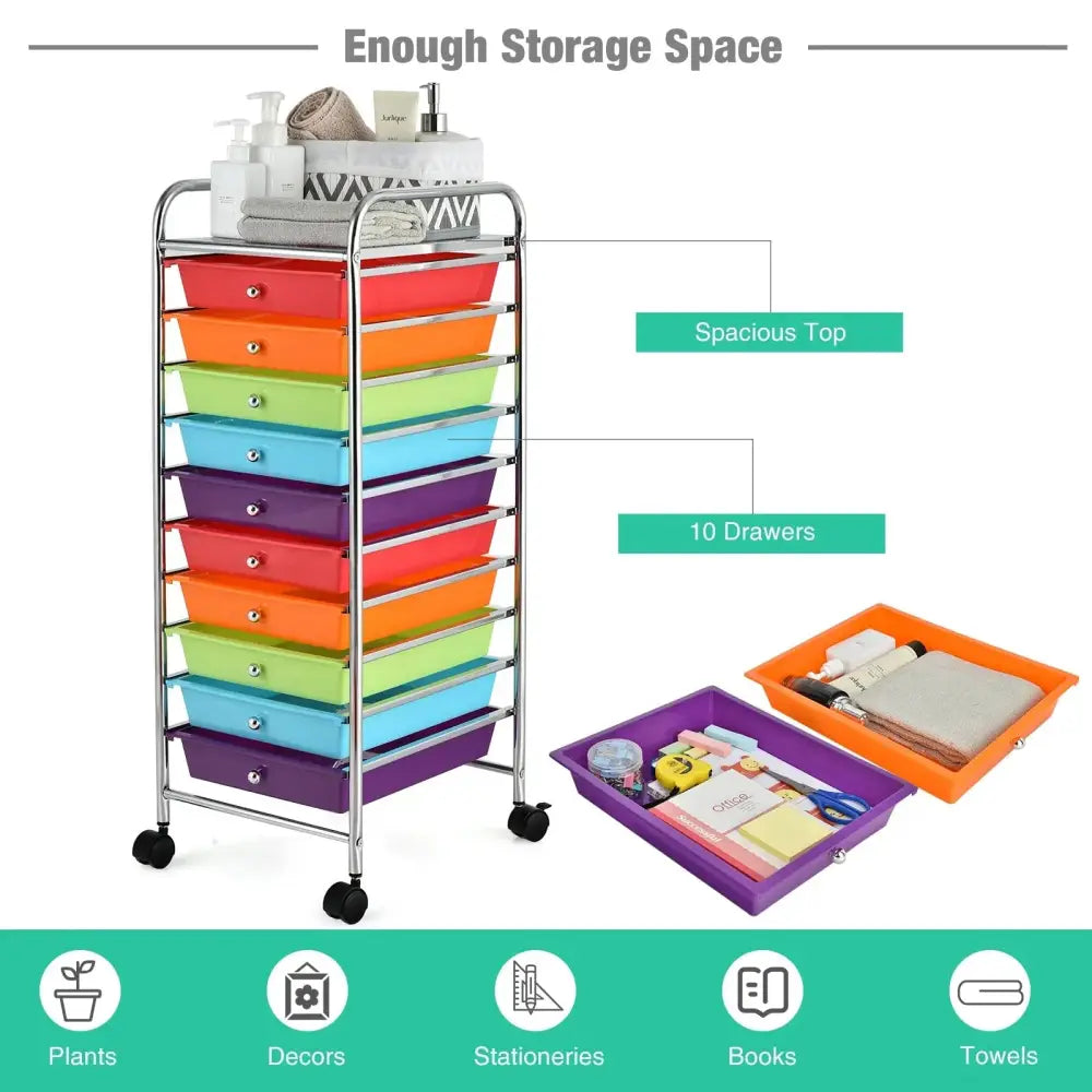 10 Drawer Rolling Storage Cart Organizer with 4 Universal Casters-Multicolor Costway