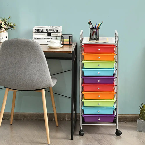 10 Drawer Rolling Storage Cart Organizer with 4 Universal Casters-Multicolor - Multicolor - File Cabinets