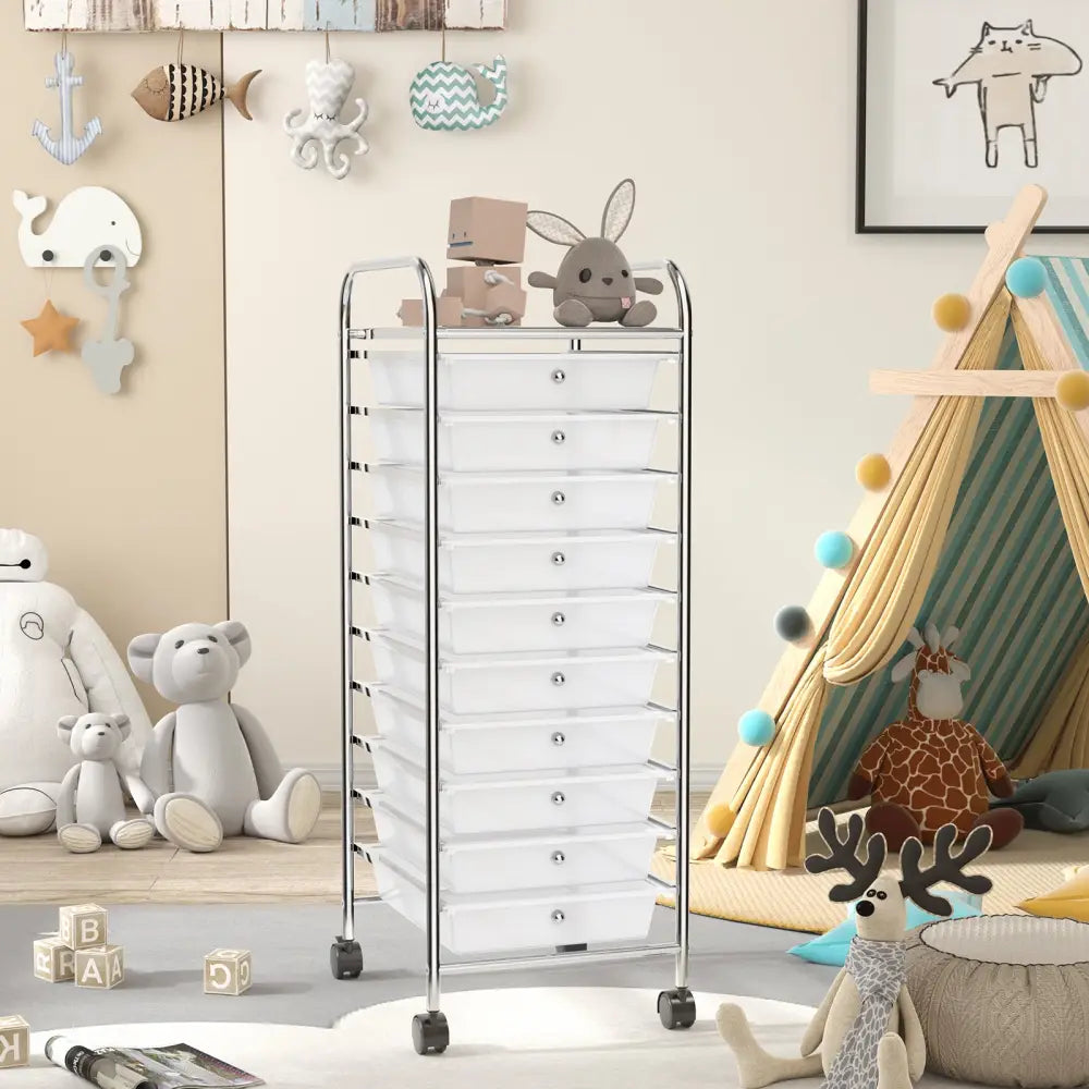 10 Drawer Rolling Storage Cart Organizer with 4 Universal Casters-Transparent - Transparent - File Cabinets