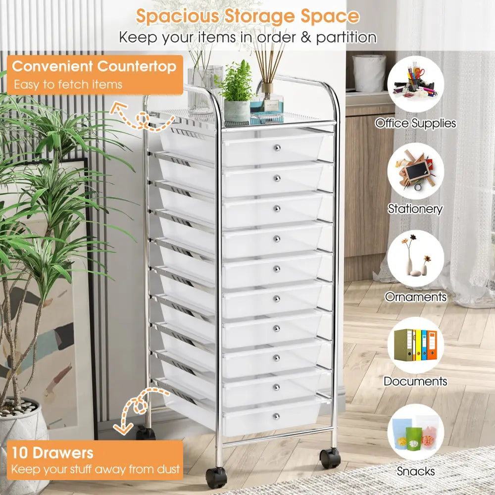 10 Drawer Rolling Storage Cart Organizer with 4 Universal Casters-Transparent - Transparent - File Cabinets