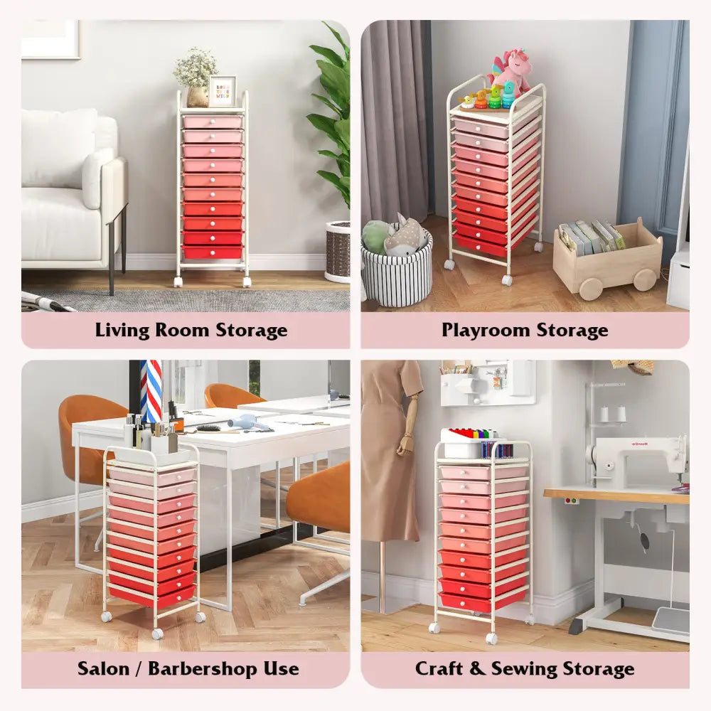 10 Drawer Rolling Storage Cart Organizer with 4 Universal Casters-Gradient Pink - Gradient Pink - File Cabinets