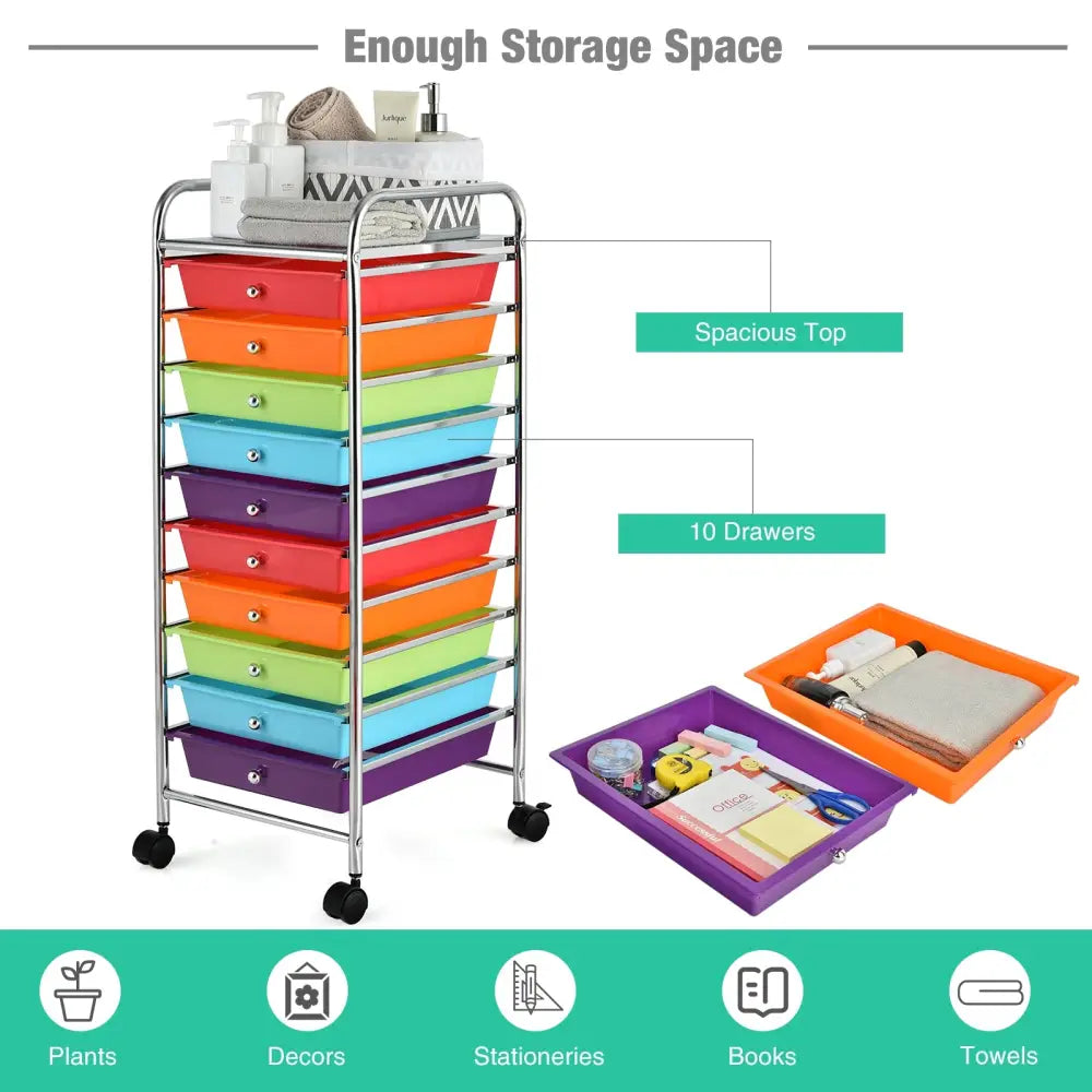 10 Drawer Rolling Storage Cart Organizer with 4 Universal Casters-Multicolor - Multicolor - File Cabinets