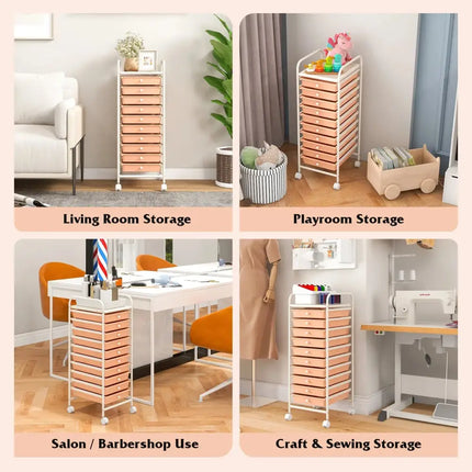 10 Drawer Rolling Storage Cart Organizer with 4 Universal Casters-Cherry Costway