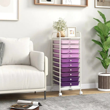 10 Drawer Rolling Storage Cart Organizer with 4 Universal Casters-Purple Costway