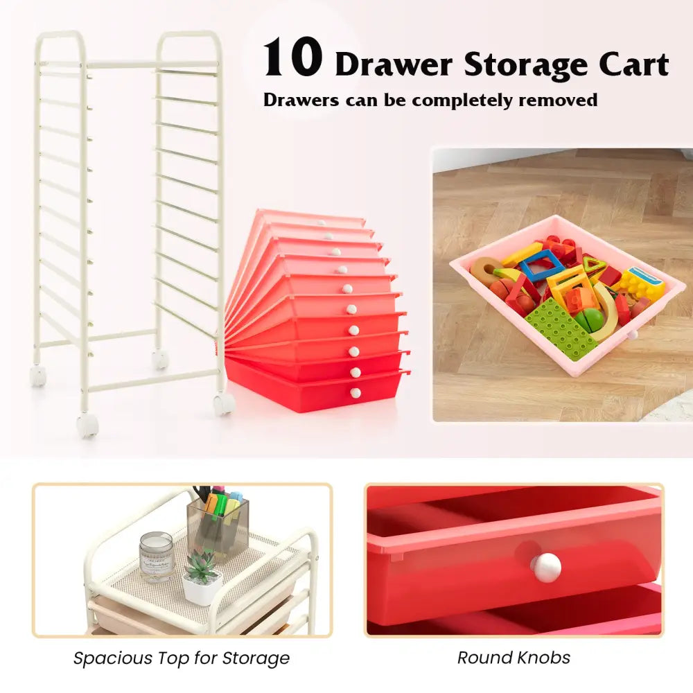 10 Drawer Rolling Storage Cart Organizer with 4 Universal Casters-Gradient Pink - Gradient Pink - File Cabinets