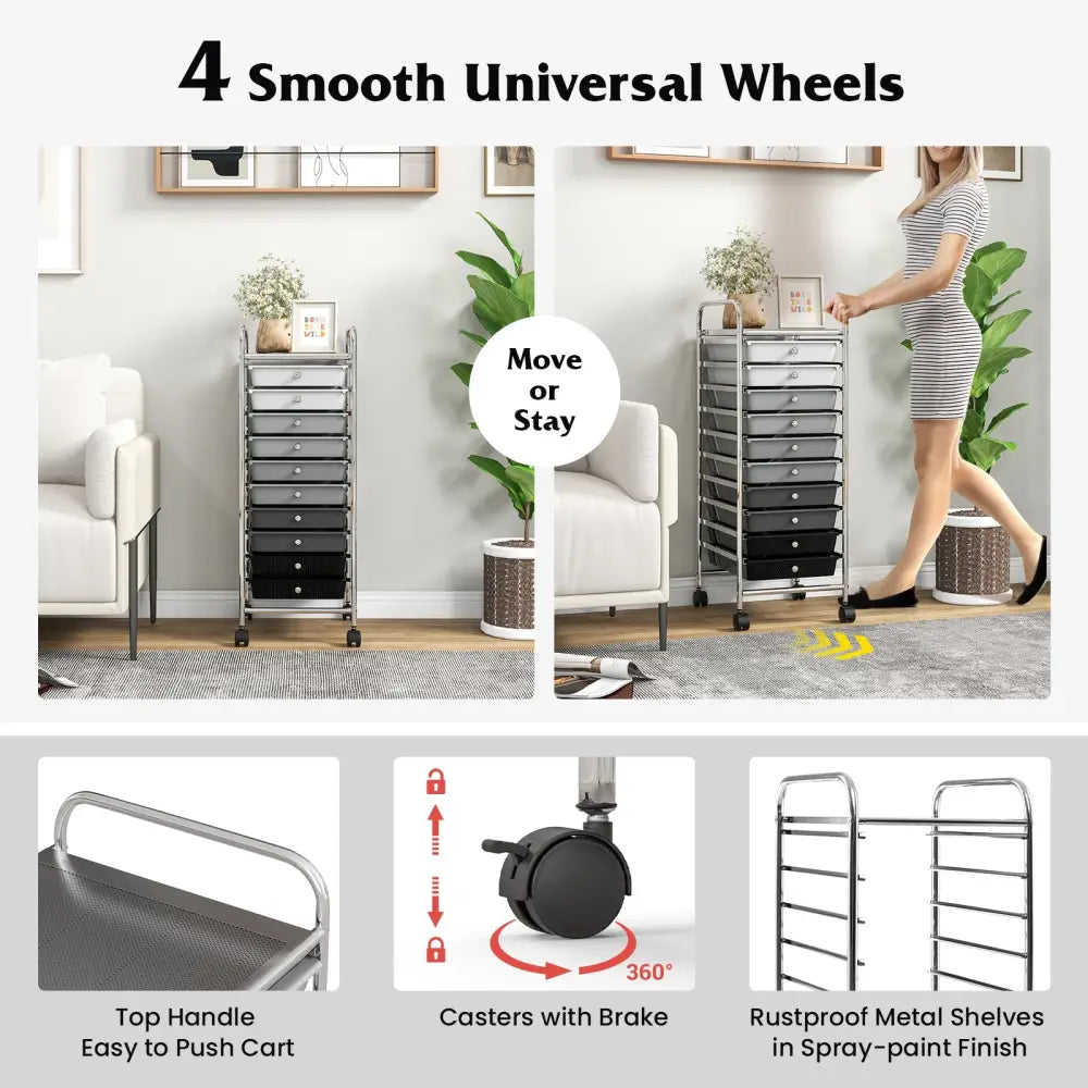 10 Drawer Rolling Storage Cart Organizer with 4 Universal Casters-Gradient Gray - Gradient Gray - File Cabinets