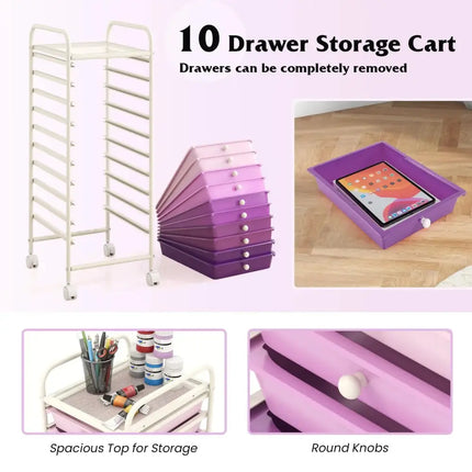 10 Drawer Rolling Storage Cart Organizer with 4 Universal Casters-Purple Costway