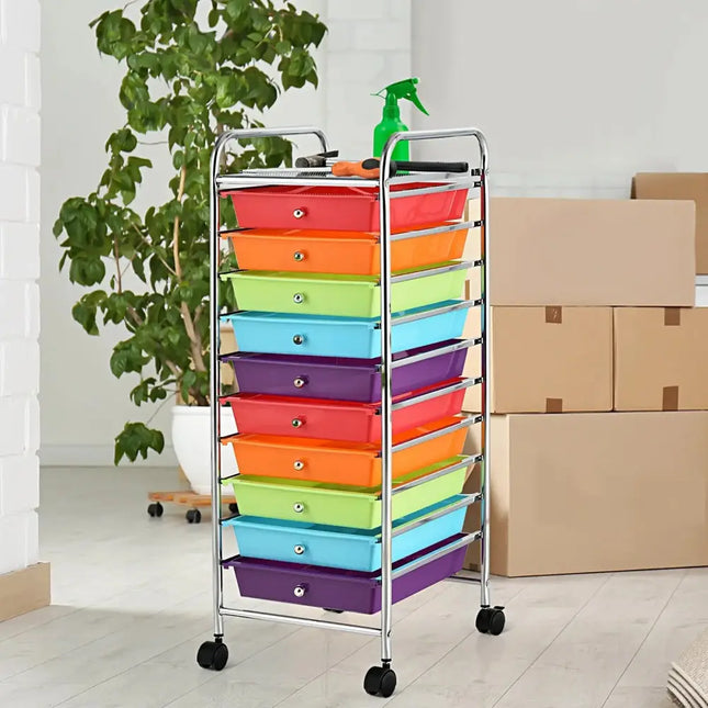 10 Drawer Rolling Storage Cart Organizer with 4 Universal Casters-Multicolor Costway
