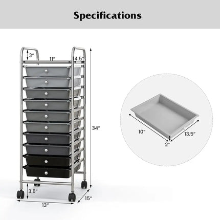 10 Drawer Rolling Storage Cart Organizer with 4 Universal Casters-Gradient Gray - Gradient Gray - File Cabinets
