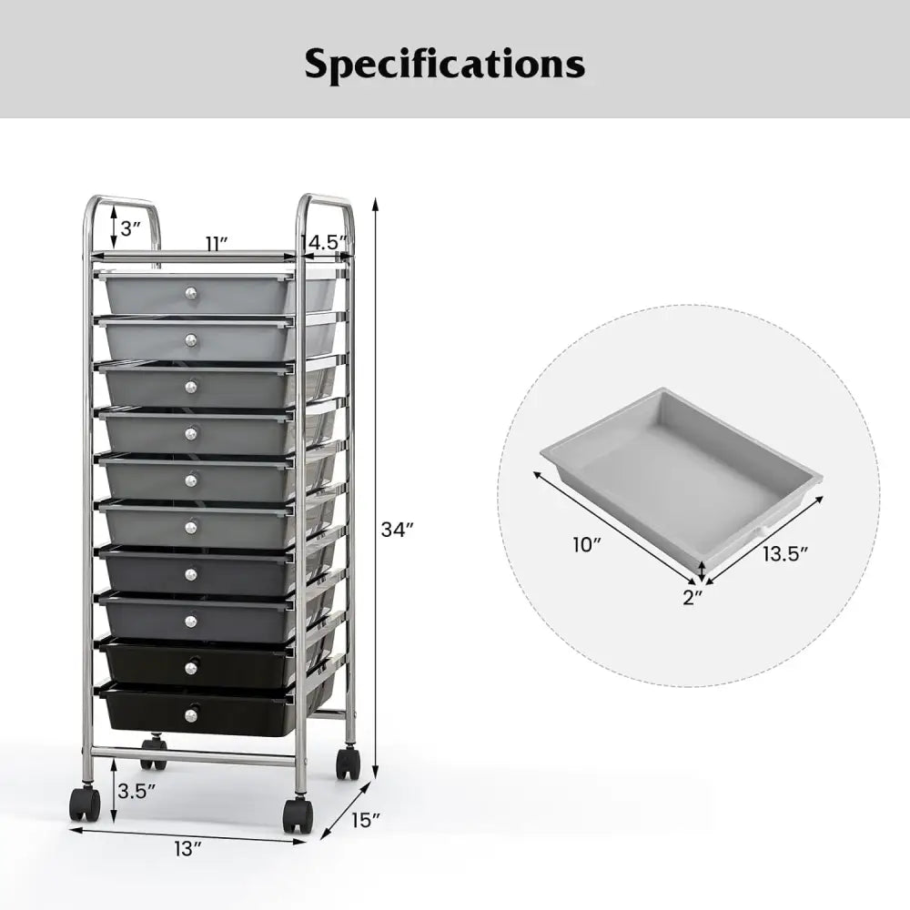 10 Drawer Rolling Storage Cart Organizer with 4 Universal Casters-Gradient Gray - Gradient Gray - File Cabinets