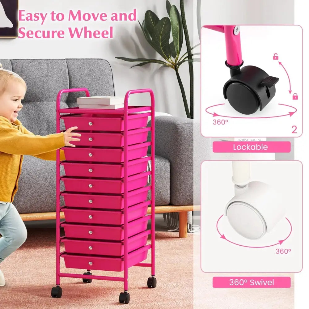 10 Drawer Rolling Storage Cart Organizer with 4 Universal Casters-Pink Costway