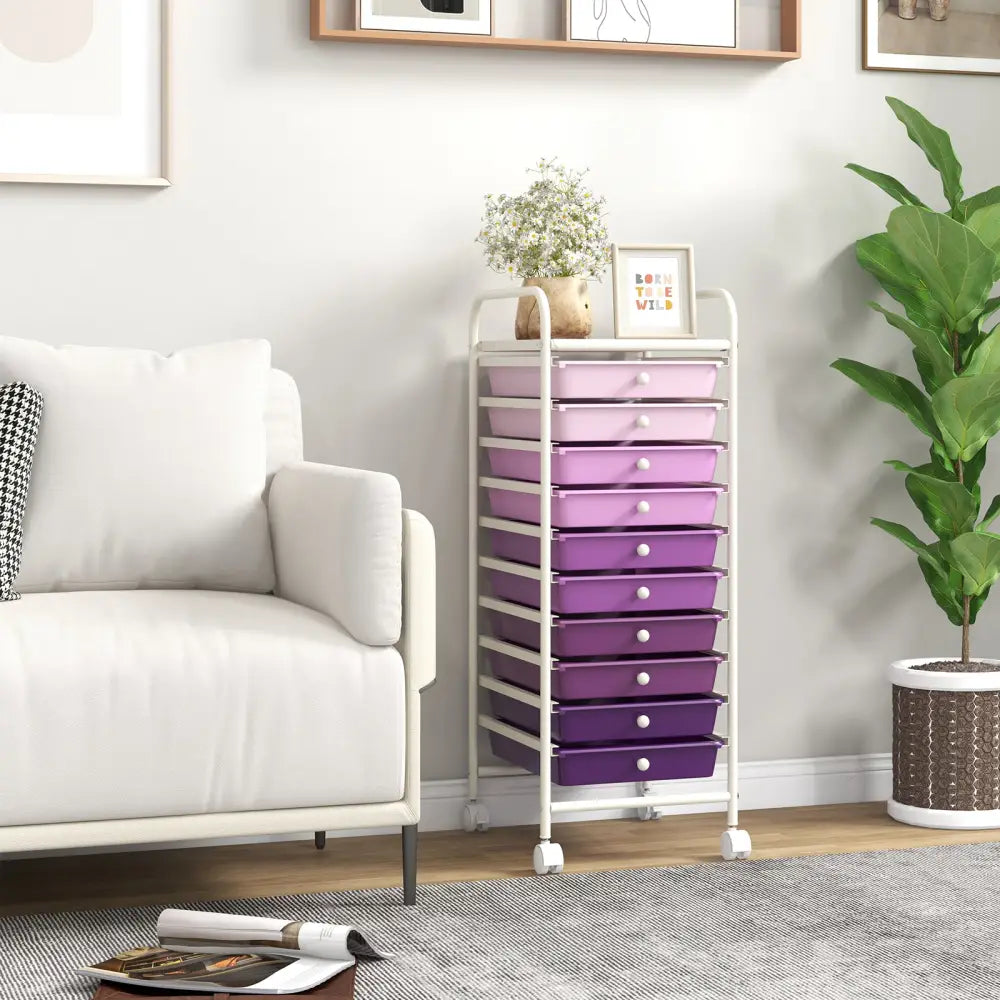 10 Drawer Rolling Storage Cart Organizer with 4 Universal Casters-Purple - Purple - File Cabinets