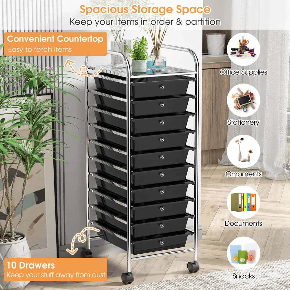 10 Drawer Rolling Storage Cart Organizer with 4 Universal Casters-Black - Black - File Cabinets
