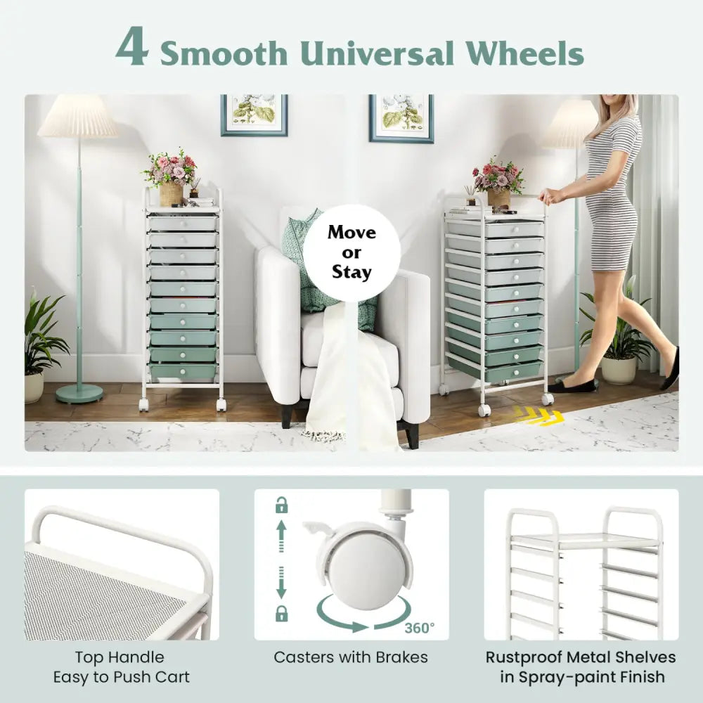 10 Drawer Rolling Storage Cart Organizer with 4 Universal Casters-Green - Green - File Cabinets